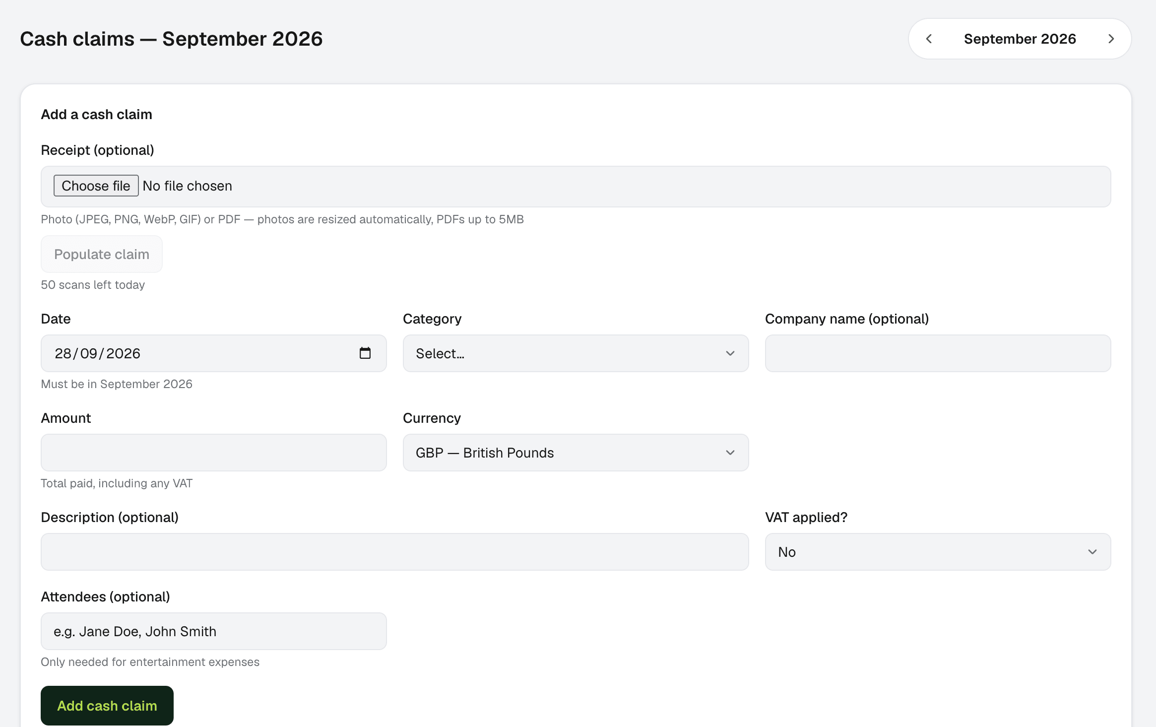 The cash claim form in Recipta, with category, currency, VAT and attendee fields