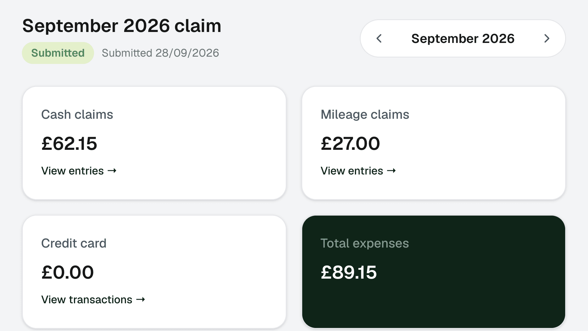 A month's claim in Recipta showing cash, mileage and card totals, marked Submitted