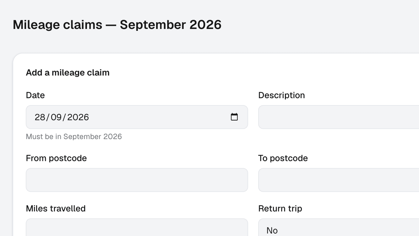 The mileage claim form in Recipta, with a logged trip listed below it