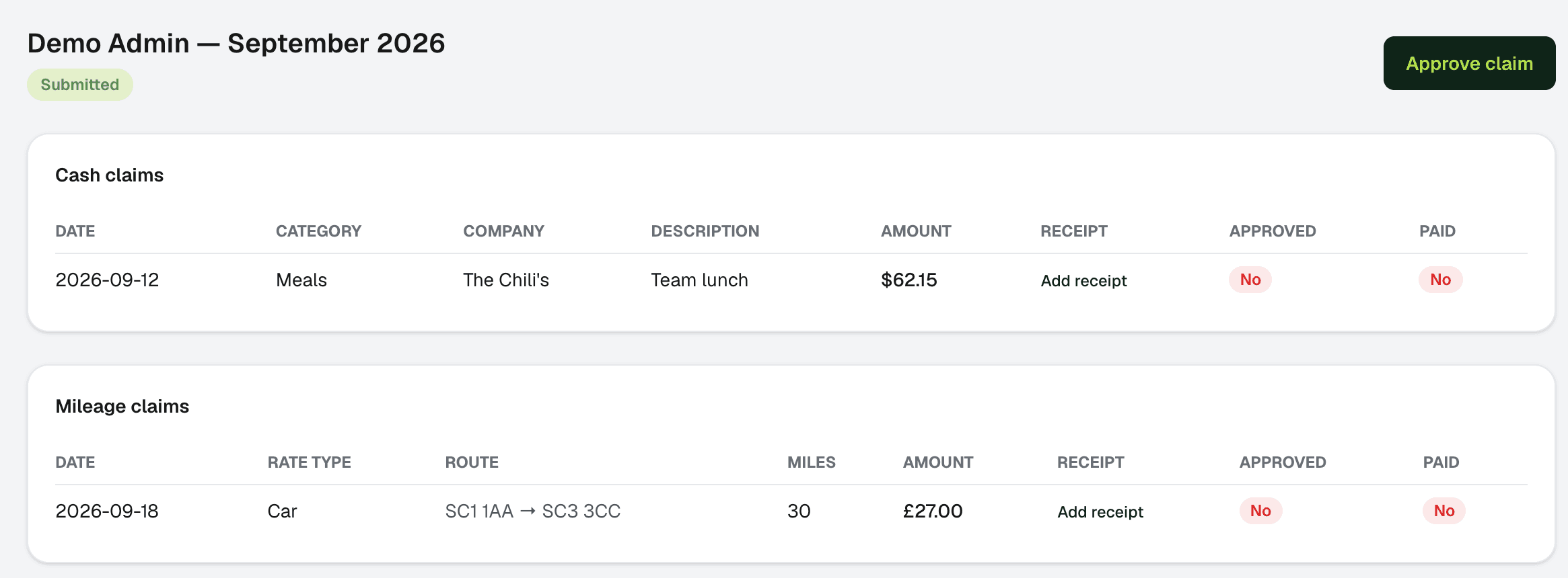 An admin reviewing a submitted claim in Recipta: cash and mileage lines with an Approve claim button