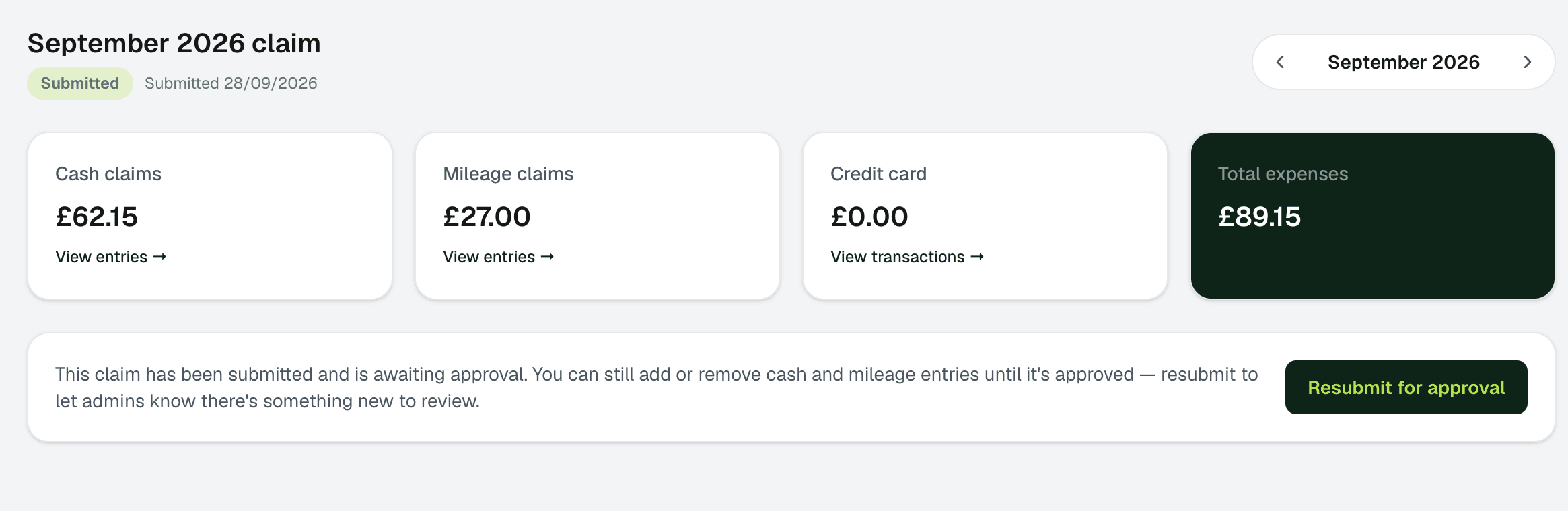 A month's claim in Recipta: cash, mileage and credit card totals with the overall total, marked Submitted